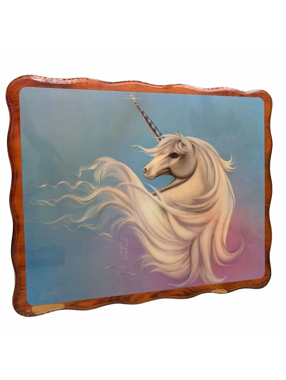 Sue Dawes 1984 poster size unicorn print wooded plaque